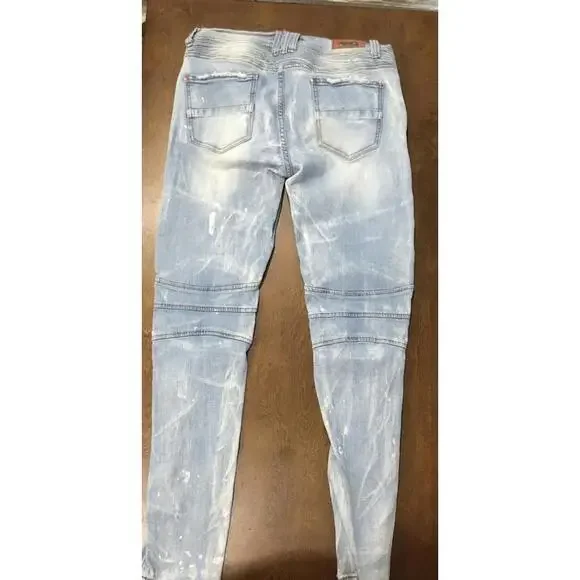Preme Denim Distressed Ripped Jeans Light Wash  Stacked Moto Mens 43x32 P10 - Picture 6 of 7